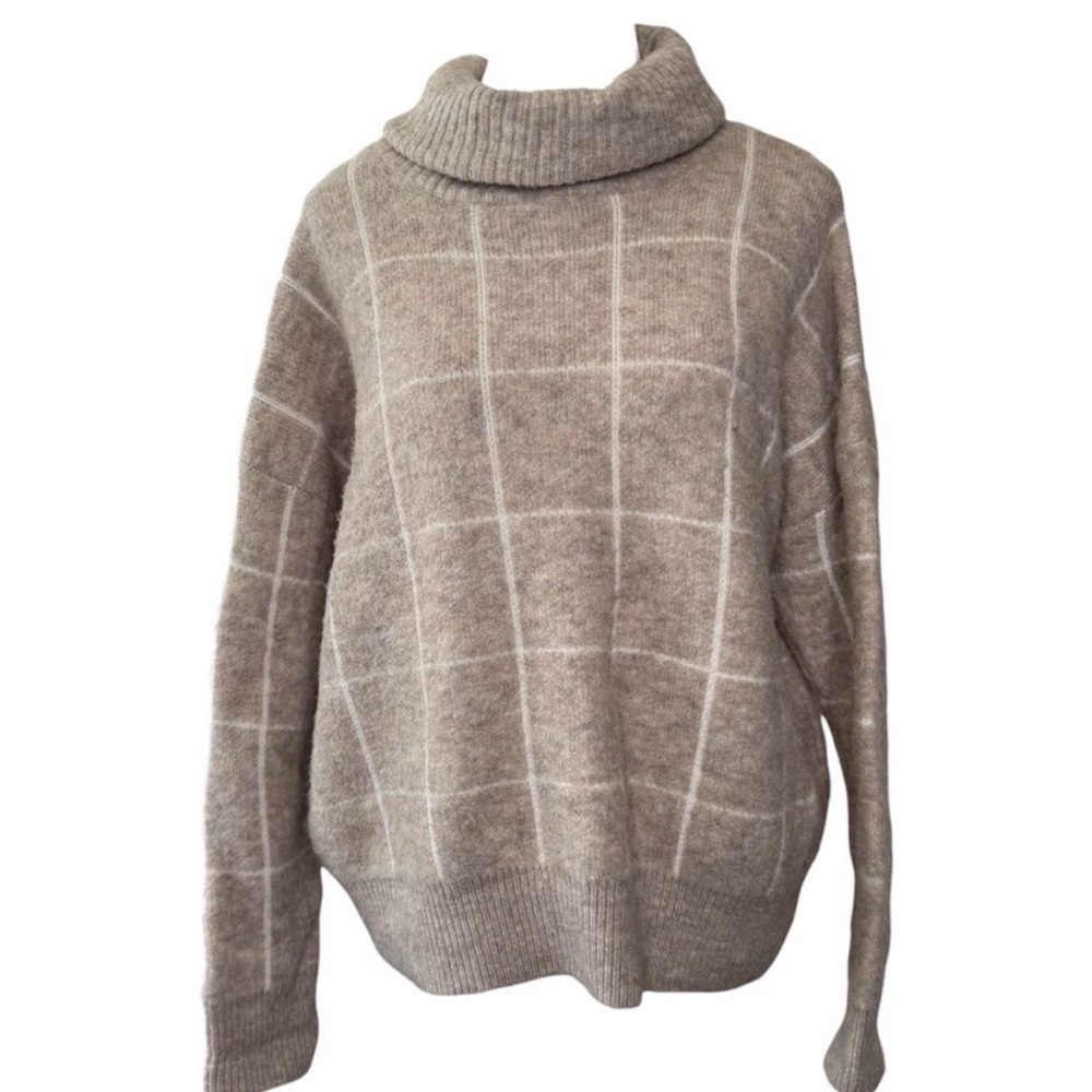Entro Plaid Cowl Neck Sweater in Tan